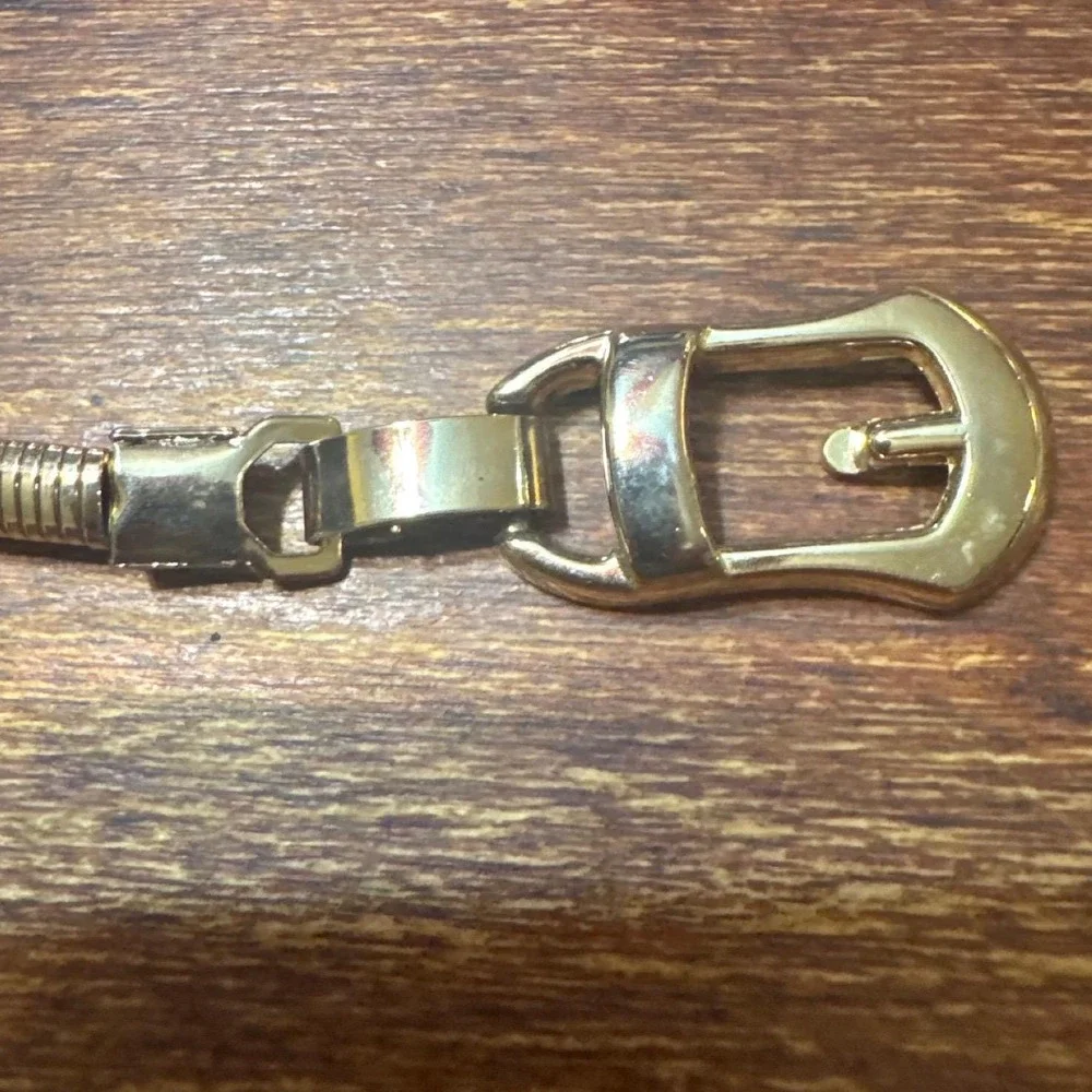 Vintage Gold Tone Metal Snake Chain Belt Skinny Adjustable Horseshoe Buckle 32in